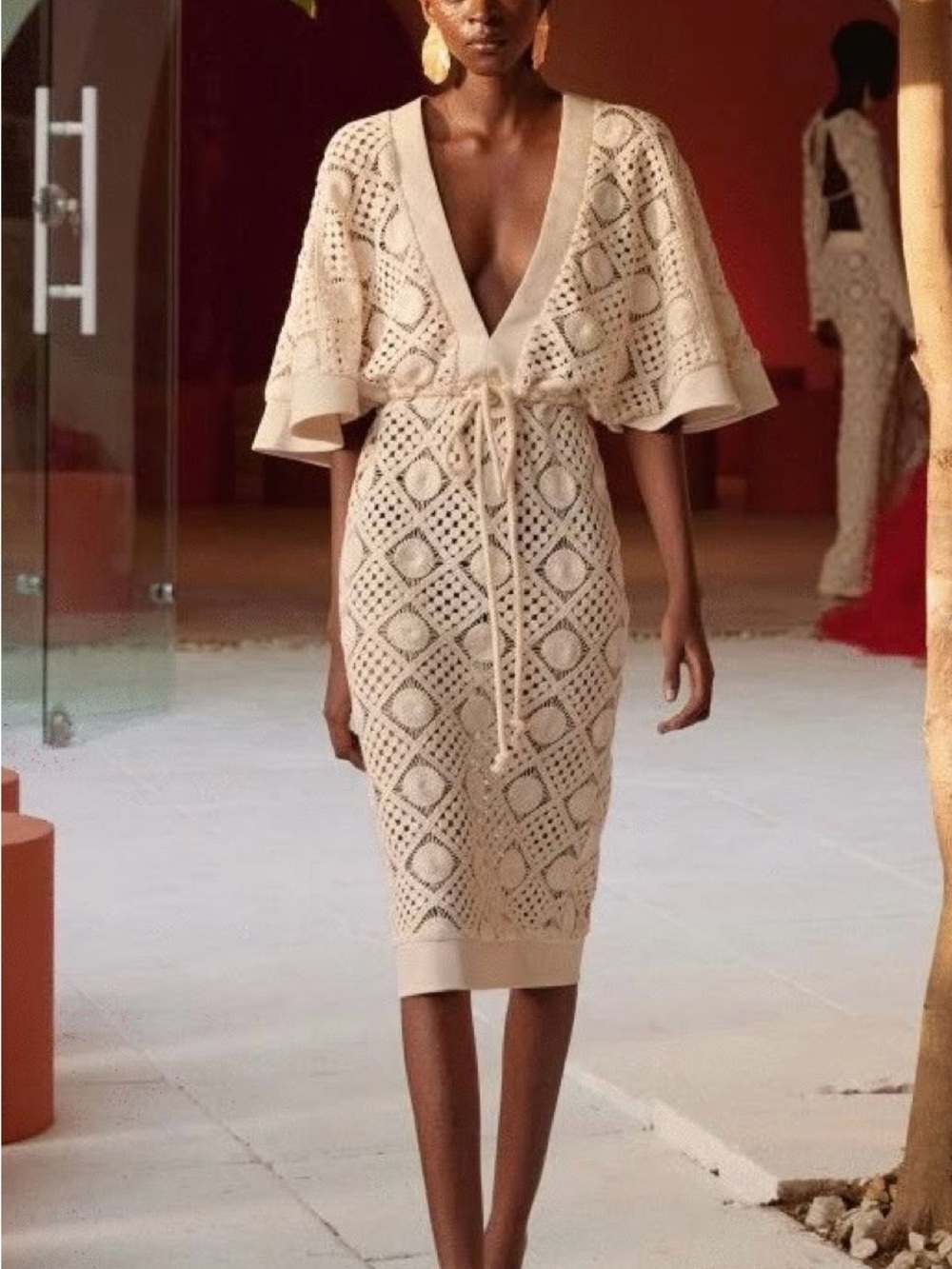 Andrea Iyamah Cream Crochet Midi Dress with Tie Waist - Picture 1 of 4